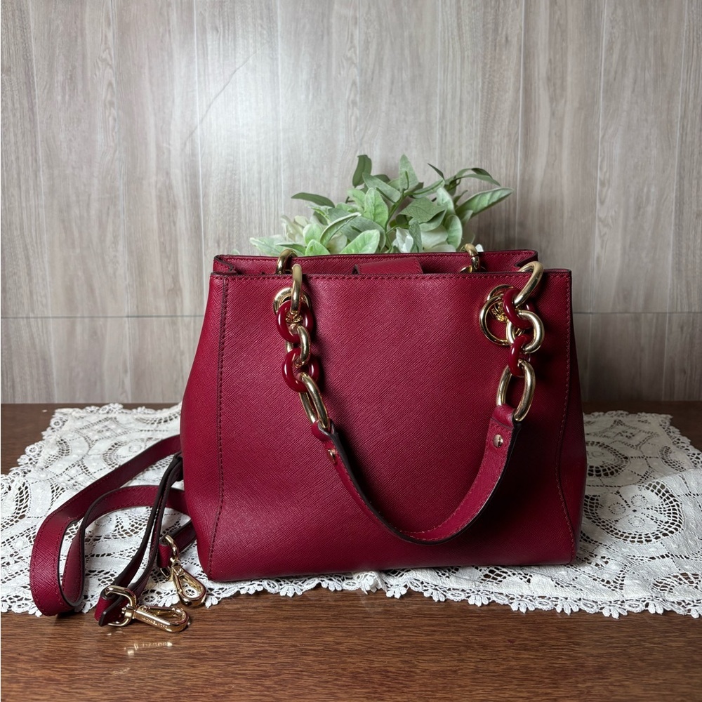 Michael Kors Cynthia Saffiano Leather Satchel Shoulder Bag with Gold Chain Small